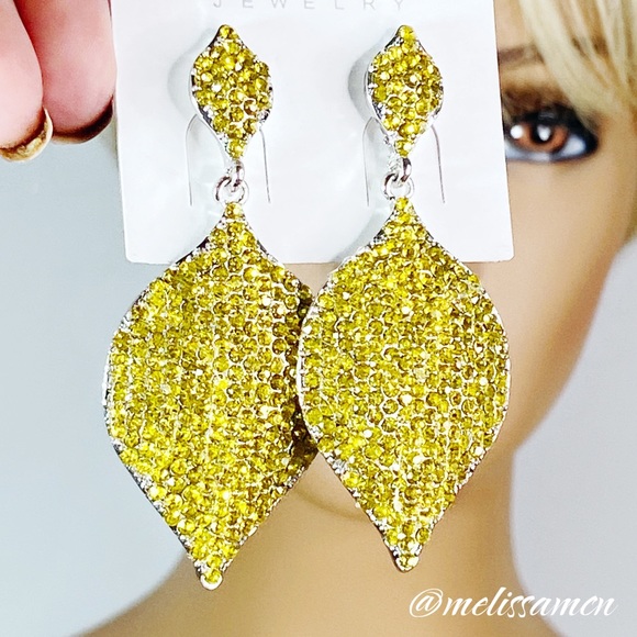 Prom Pageant Bridal Jewelry - Yellow Micro Pave Rhinestone Lightweight Sparkly Statement Earrings